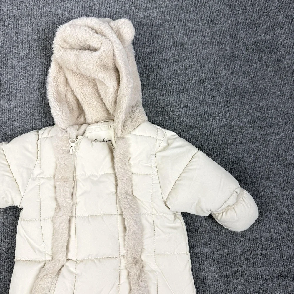 Jessica Simpson Snowsuit Girls 6-9 Months White Puffer Hooded Bear Ears‎ Winter